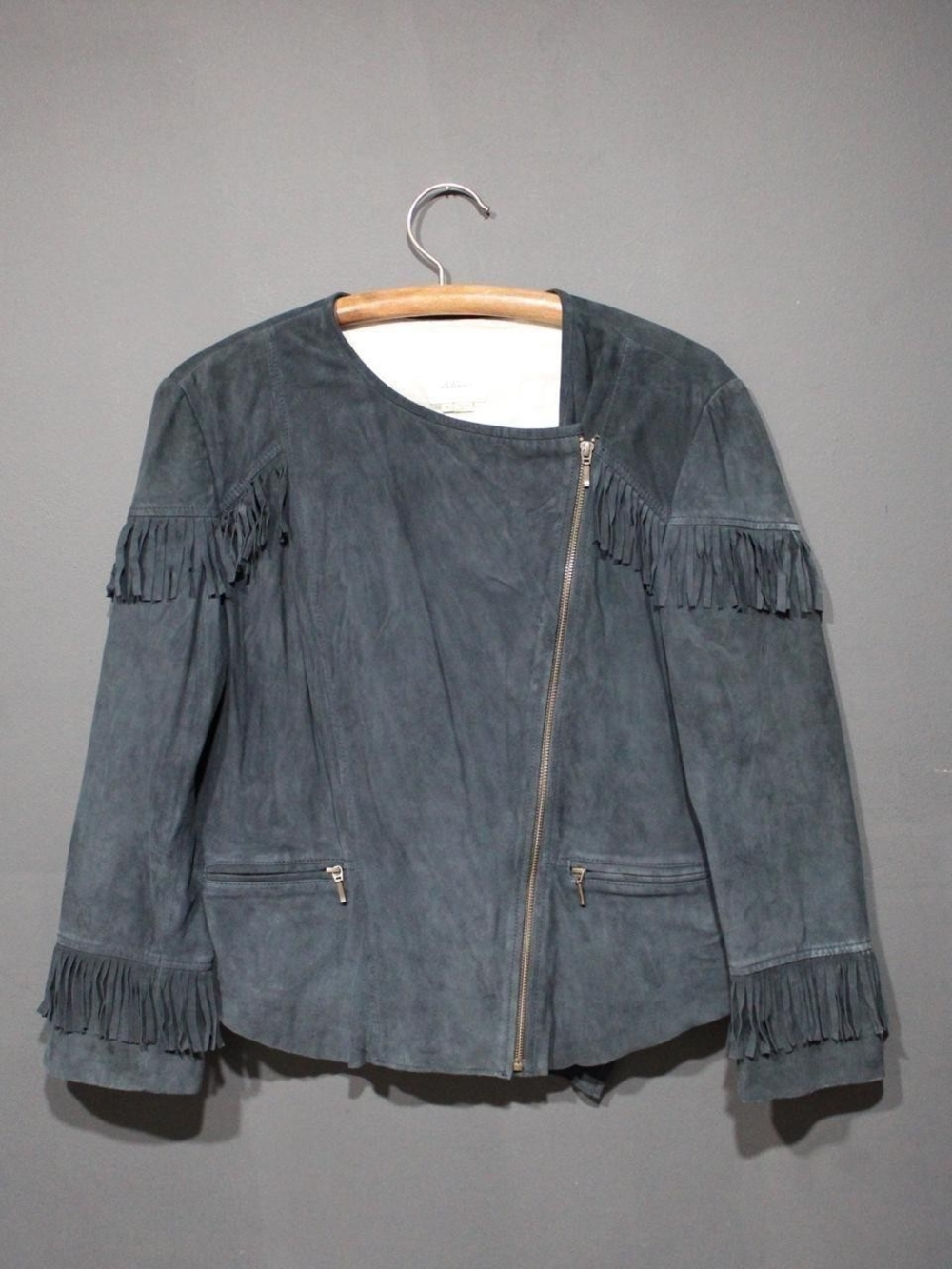 Anthropologie Slate Blue Fringed Suede Jacket